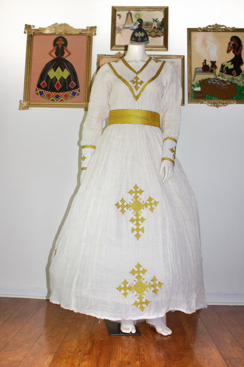Yellow and Gold Ethiopian Dress, Simple and Elegant Meskel Embroidered