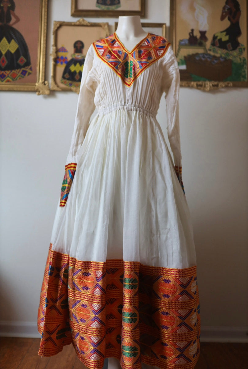 Orange Ethiopian Dress, Extravagant Modern Zuria Habesha Kemis with Wi