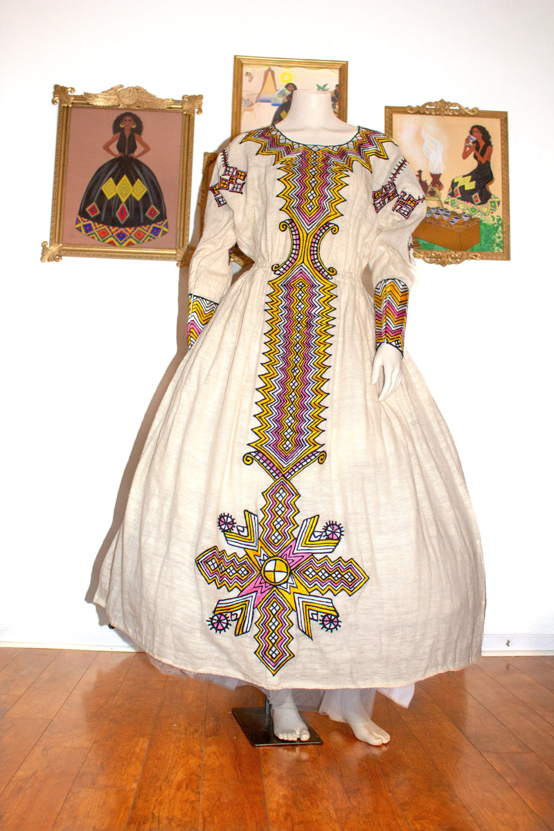 Pink Ethiopian Dress with Yellow, White and Black Patterns, Gondar Style Traditional Habesha Kemis