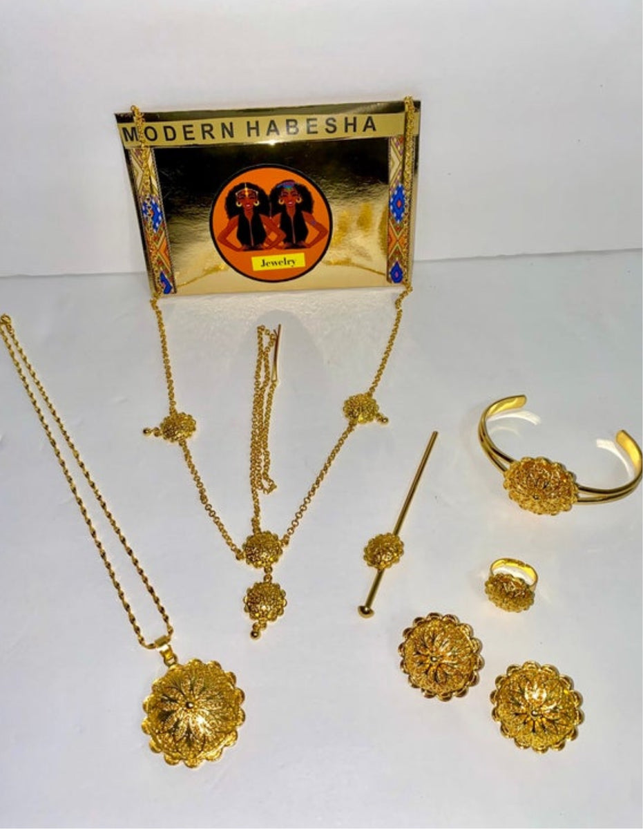 Ethiopian Habesha Jewelry Set - 24K Gold Color Eritrea Ethnic Necklace & Earrings, Wedding Gift, Large Rhinestone, No Gemstone