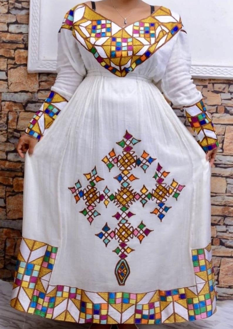 short modern habesha dress Short Sleeve Habesha Chiffon Dress XL
