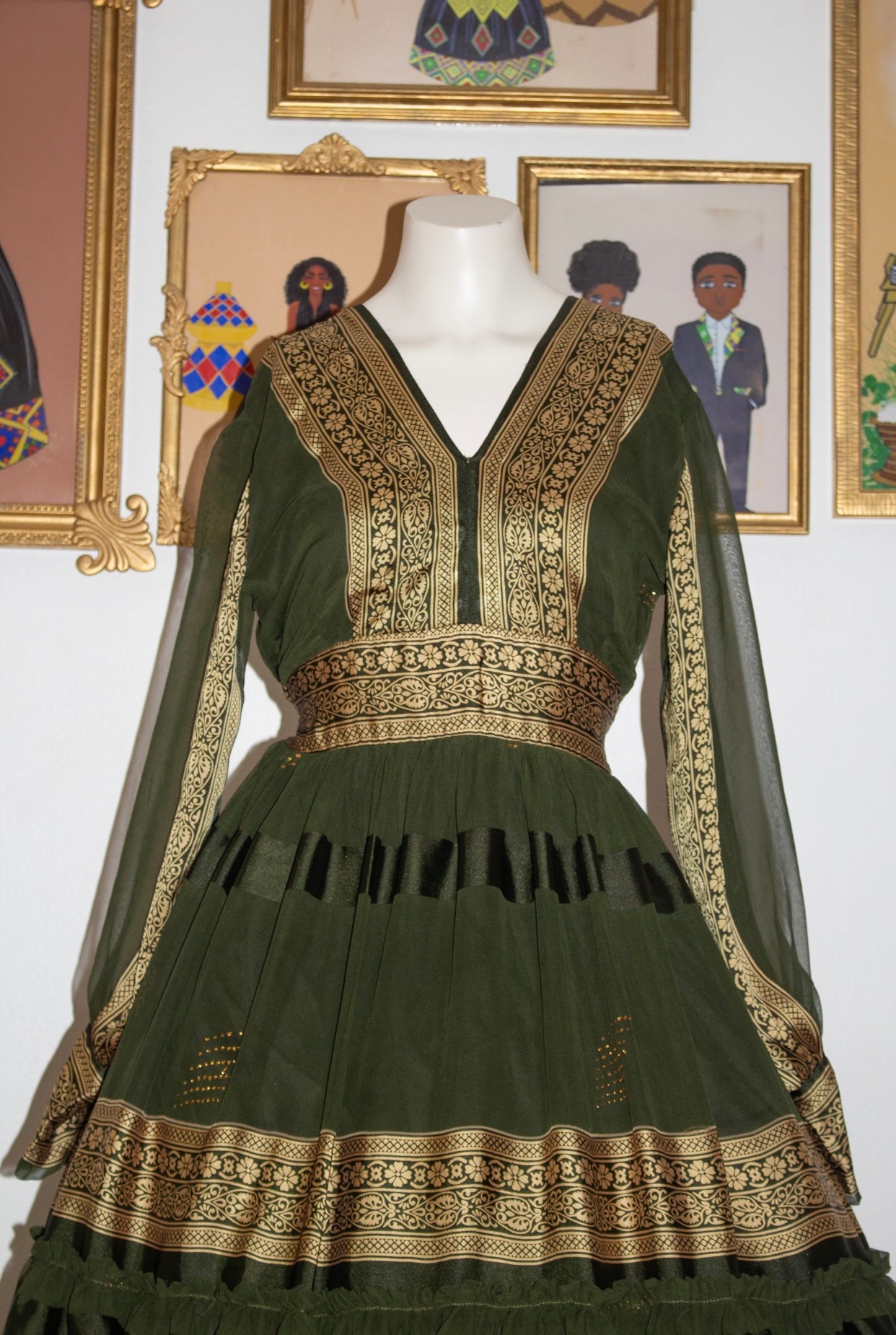 Green Ethiopian Shiffon /Chiffon Dress with Habesha Kemis Netela