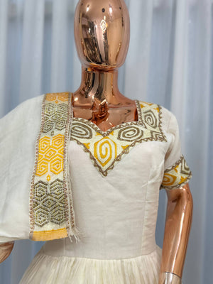 Green & Yellow Ethiopian Dress, Enkutatash-Style Ethiopian New Year Zuria Habesha Kemis, Floral Habesha Dress