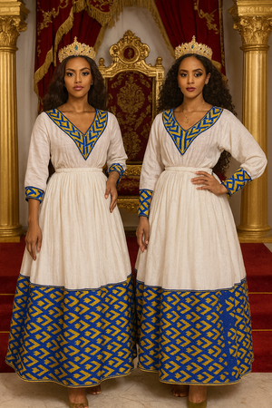 Elegant Ethiopian Dress with blue & gold details