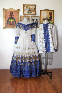 Blue Ethiopian Wedding Dress, Matching Couple habesha Kemis Zuria and Shirt