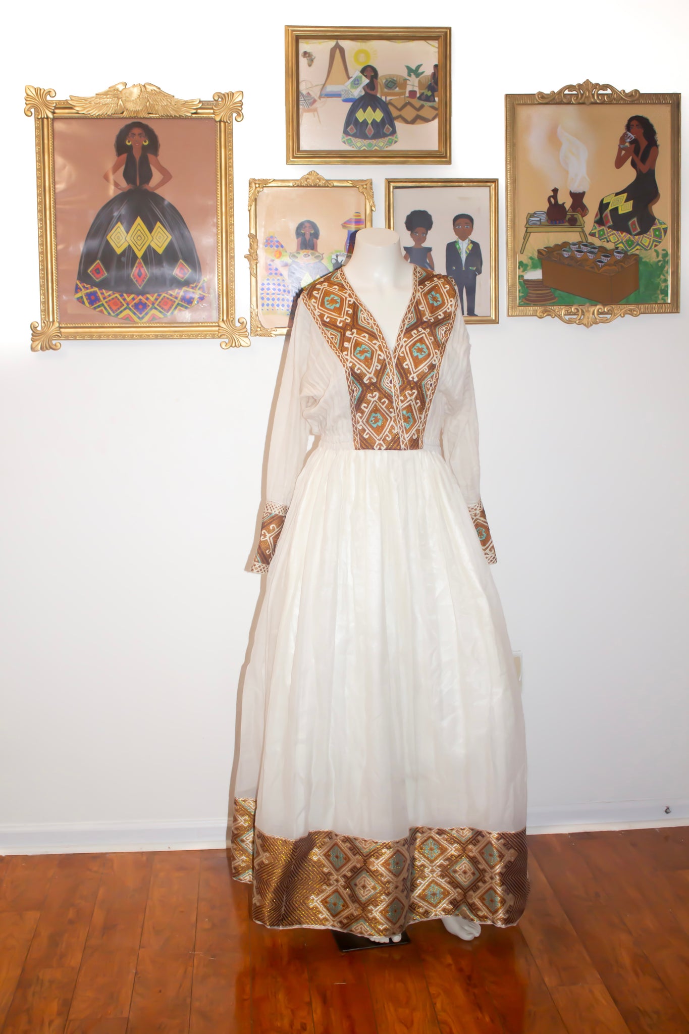 Elegant Brown Ethiopian Dress with Golden and Turquoise Patterns, Habe Elegant Brown Ethiopian Dress with Golden and Turquoise Patterns, Habe