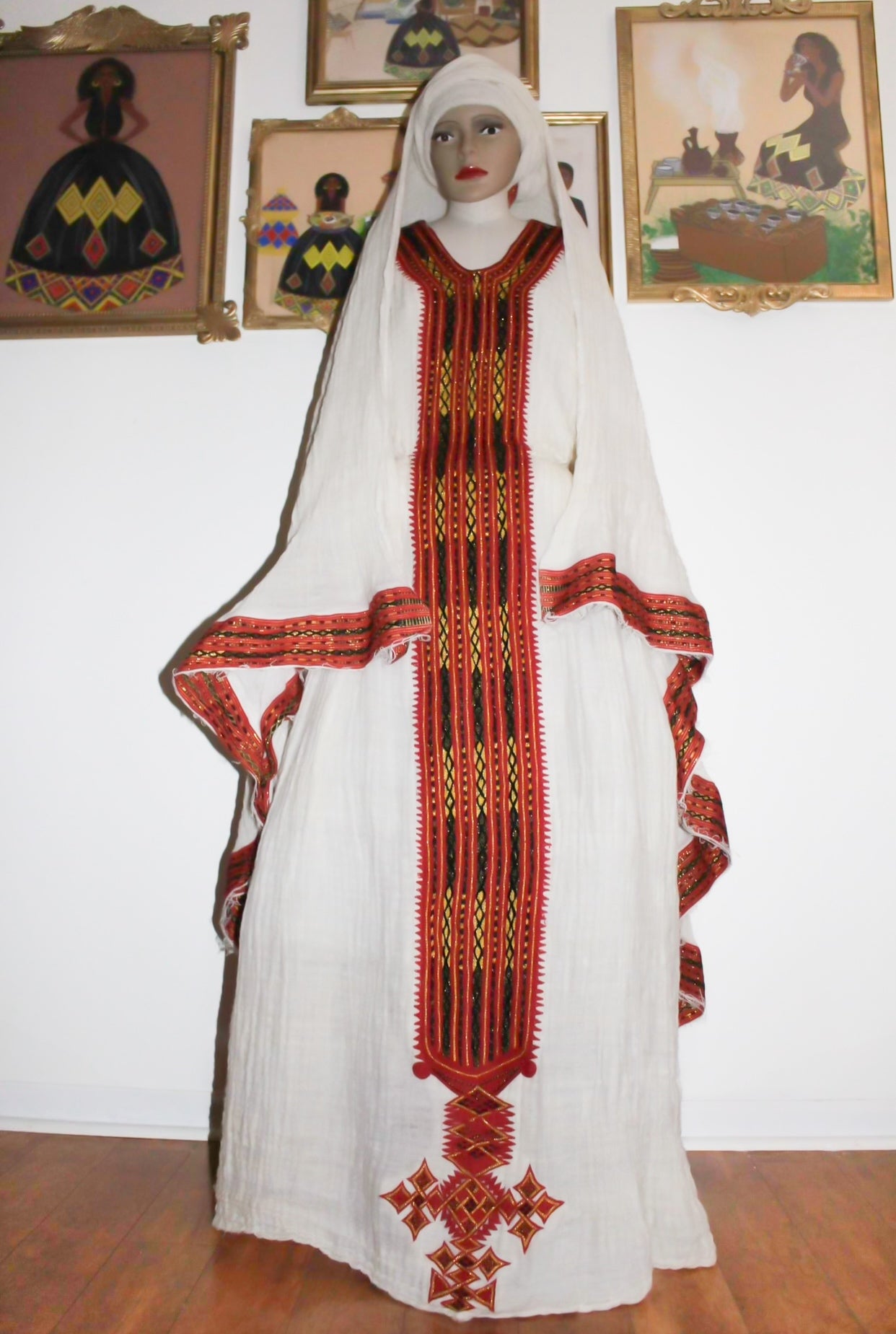 Axsum Pattern Ethiopian Traditional Wedding Clothing, Fetel Dress with Red, Gold and
