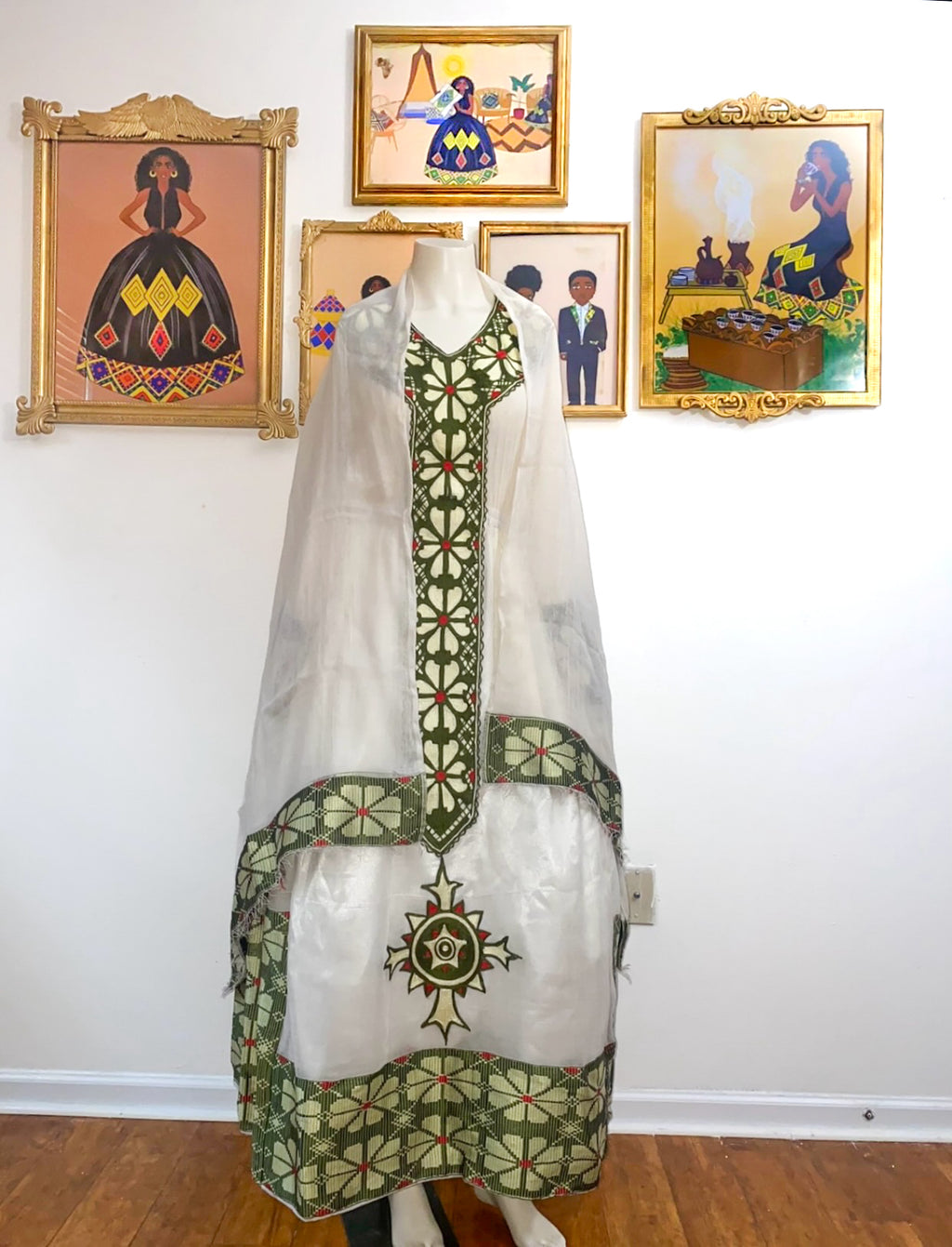 Green Ethiopian Dress, Enkutatash-Style Ethiopian New Year Zuria Habesha Kemis, Floral Habesha Dress