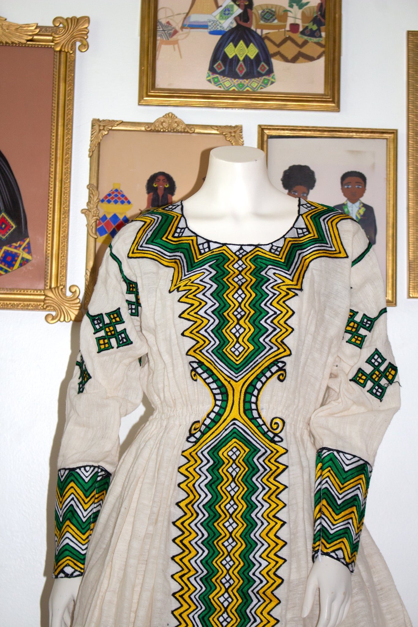 Ethiopian Dress with Green, Yellow, White and Black Patterns, Traditio Ethiopian Dress with Green, Yellow, White and Black Patterns, Traditio