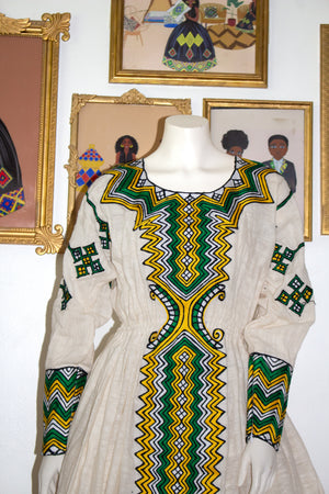 Ethiopian Dress with Green, Yellow, White and Black Patterns, Traditio Ethiopian Dress with Green, Yellow, White and Black Patterns, Traditio
