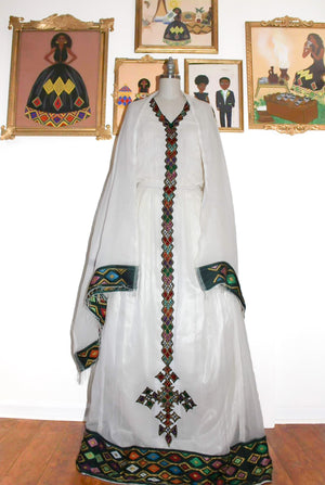 Ethiopian Dress with MultiColor Patterns, Traditional Habesha Kemis