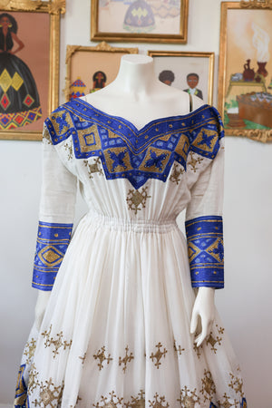 Blue off-Shoulder Ethiopian Dress, Wedding Habesha Kemis, Bridal Zuria