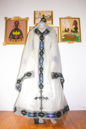 Blue Ethiopian Dress, Traditional Habesha Kemis Zuria