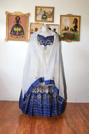 Blue off-Shoulder Ethiopian Dress, Wedding Habesha Kemis, Bridal Zuria