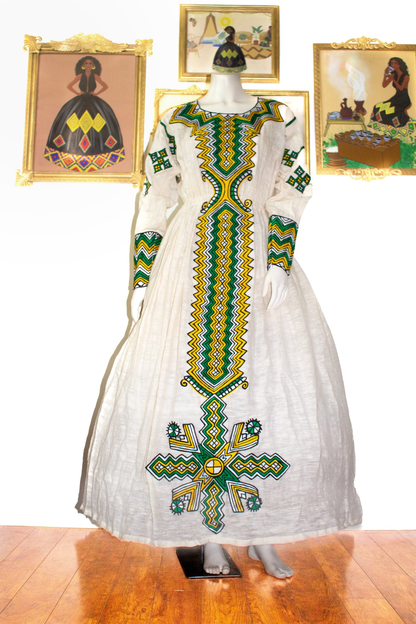 Ethiopian Dress with Green, Yellow, White and Black Patterns, Traditio Ethiopian Dress with Green, Yellow, White and Black Patterns, Traditio