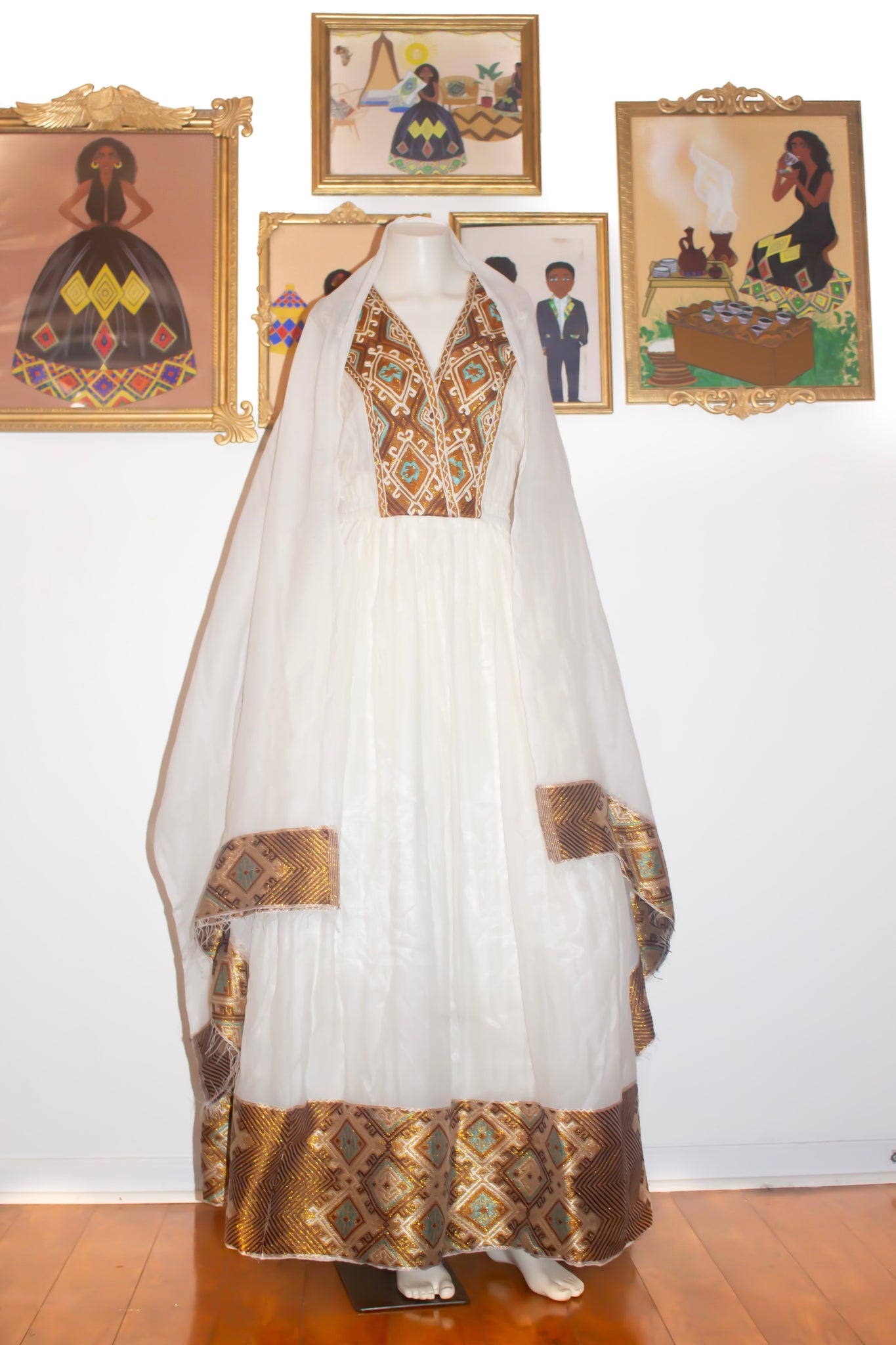 Elegant Brown Ethiopian Dress with Golden and Turquoise Patterns, Habe Elegant Brown Ethiopian Dress with Golden and Turquoise Patterns, Habe