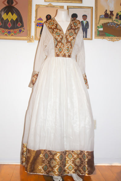 Elegant Brown Ethiopian Dress with Golden and Turquoise Patterns, Habe Elegant Brown Ethiopian Dress with Golden and Turquoise Patterns, Habe