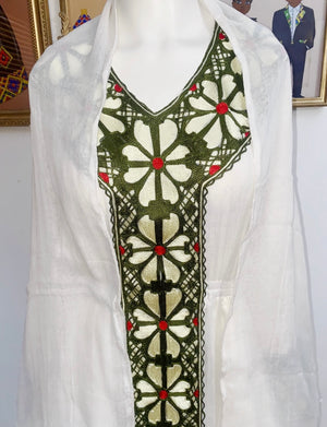 Green Ethiopian Dress, Enkutatash-Style Ethiopian New Year Zuria Habesha Kemis, Floral Habesha Dress