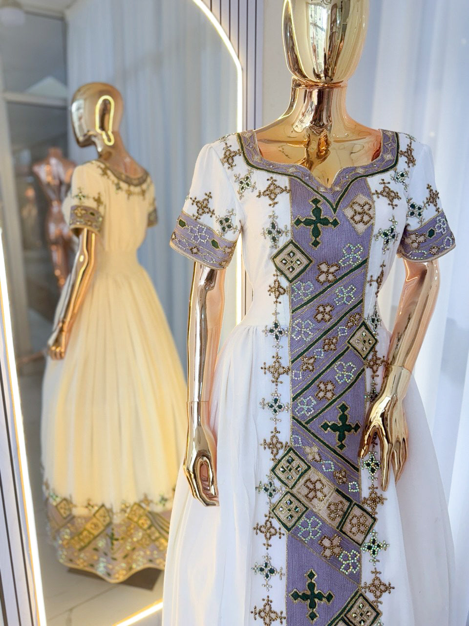 Elegant Purple-Embroidered Ethiopian Dress