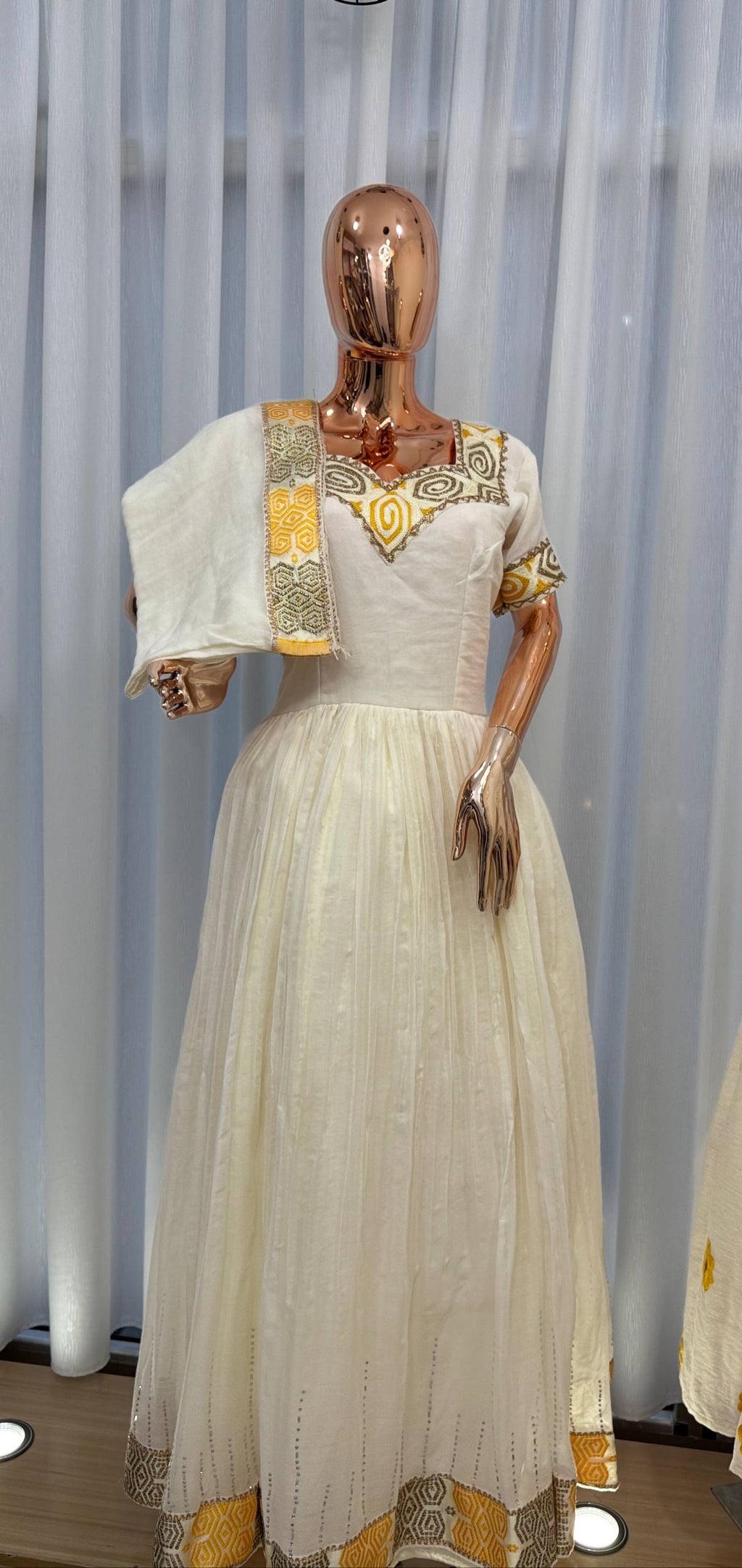 Green & Yellow Ethiopian Dress, Enkutatash-Style Ethiopian New Year Zuria Habesha Kemis, Floral Habesha Dress