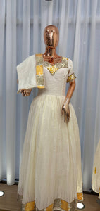Green & Yellow Ethiopian Dress, Enkutatash-Style Ethiopian New Year Zuria Habesha Kemis, Floral Habesha Dress