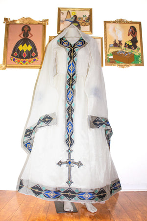 Blue Ethiopian Dress, Traditional Habesha Kemis Zuria