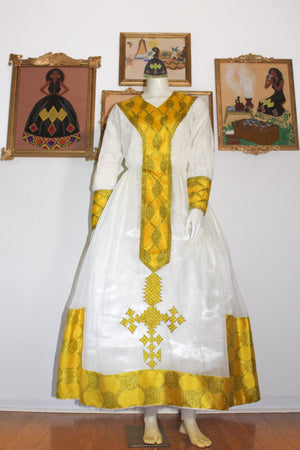 Yellow Ethiopian Dress, Bright Habesha Kemis