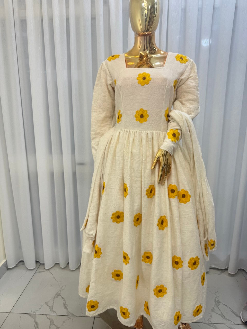 Yellow Ethiopian Dress, Enkutatash-Style Ethiopian New Year Zuria Habesha Kemis, Floral Habesha Dress